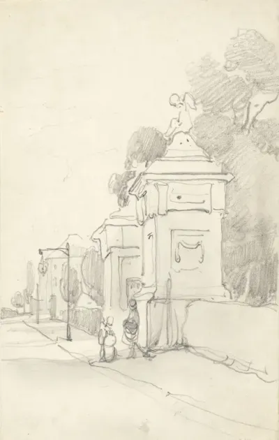 Gezicht langs een straat met een groot ingangshek naar een park of begraafplaats