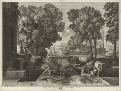 Gezicht met een weg, gebouwen en mensen