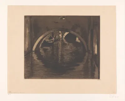 Gezicht onder een brug met twee roeiboten