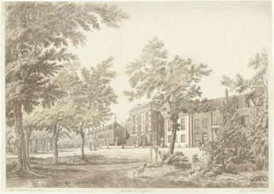Gezicht op achtergevel en tuin van Paleis Huis ten Bosch te Den Haag