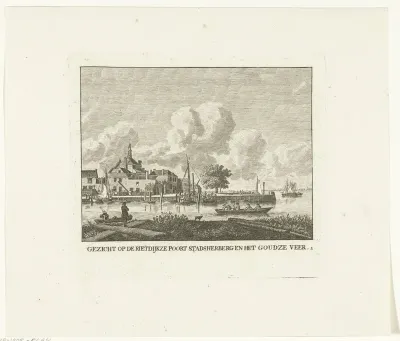 Gezicht op achterzijde Riedijkspoort met stadsherberg en het veer naar Gouda te Dordrecht