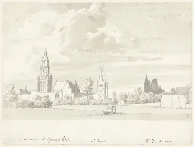 Gezicht op Arnhem met de Eusebiuskerk, de St. Janskerk, de St. Walburgskerk en de St. Janspoort