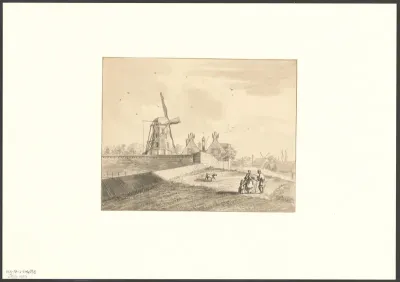 Gezicht op bolwerk Nieuwkerk met molen Het Roode Hart