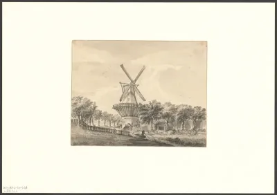 Gezicht op bolwerk Weesp met molen Het Fortuin