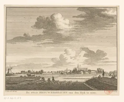 Gezicht op Brouwershaven, gezien vanaf de dijk, 1745