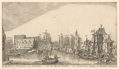 Gezicht op Danzig vanaf de Mottlau, met rechts de Kraanpoort