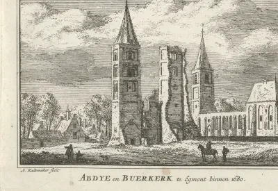 Gezicht op de abdij en de Buurkerk te Egmond-Binnen, 1680