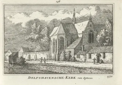 Gezicht op de achterkant van de Oude of Pelgrimvaderskerk te Delfshaven, 1570