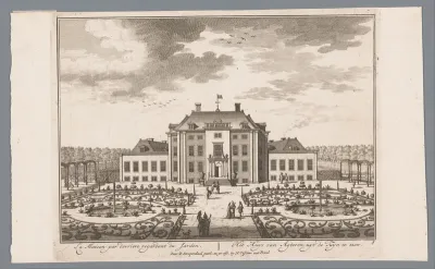 Gezicht op de achterzijde van Slot Zeist, vanuit de tuin gezien