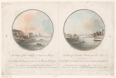 Gezicht op de Adelphi en Somerset House vanaf de Theems en gezicht op Lambeth Church vanaf de Theems