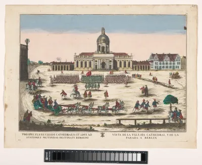 Gezicht op de Alte Domkirche te Berlijn met een stoet op het plein