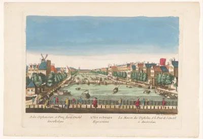 Gezicht op de Amstelsluis en het Diaconieweeshuis te Amsterdam