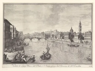 Gezicht op de Arno, de Ponte Santa Trinita en de koepel en klokkentoren van de Basilica di Santo Spirito