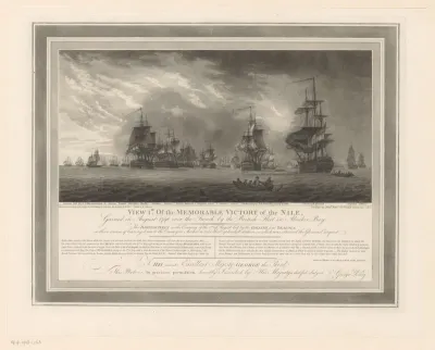 Gezicht op de Baai van Aboukir in de Nijl met de Britse vloot onder leiding van de schepen Goliath en Zealous, 1 augustus 1798