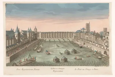 Gezicht op de bebouwde Pont au Change over de rivier de Seine te Parijs