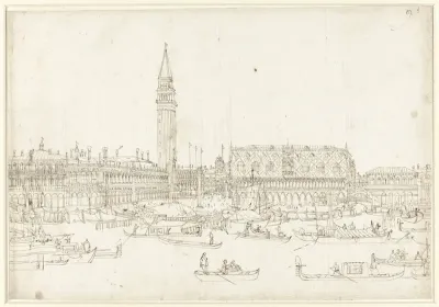 Gezicht op de Bibliotheek, Campanile en Dogenpaleis te Venetië, gezien vanaf het water