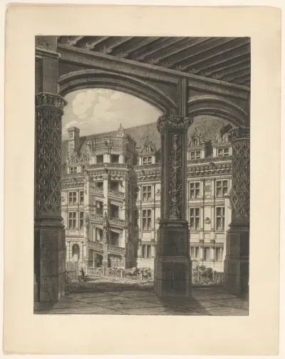 Gezicht op de binnenplaats van een kasteel