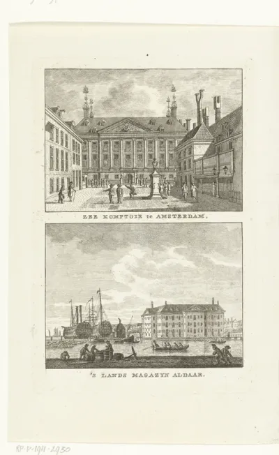 Gezicht op de binnenplaats van het Admiraliteits- of Prinsenhof en 's Lands Zeemagazijn te Amsterdam