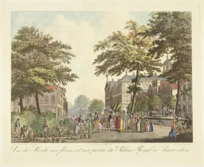 Gezicht op de bloemenmarkt en gedeelte van Koninklijk Paleis te Amsterdam