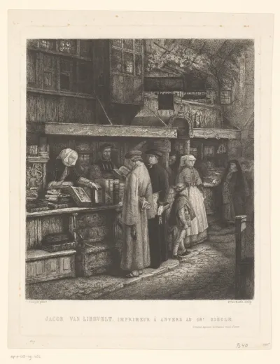 Gezicht op de boekwinkel van Jacob van Liesvelt te Antwerpen in de zestiende-eeuw
