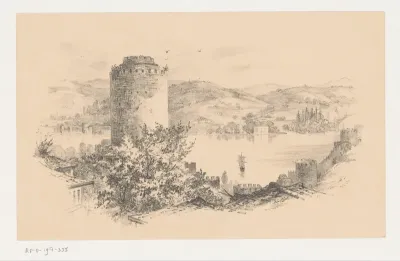 Gezicht op de Bosporus met op de voorgrond een ronde toren