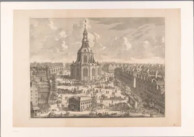 Gezicht op de Botermarkt te Amsterdam met een nooit gebouwde koepelkerk