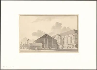 Gezicht op de bouw van de eerste Stadsschouwburg op het Leidseplein