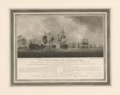 Gezicht op de Britse vloot op de ochtend van 3 augustus 1798, links brandt het Franse schip Timoléon uit