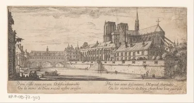 Gezicht op de brug bij het Hôtel-Dieu
