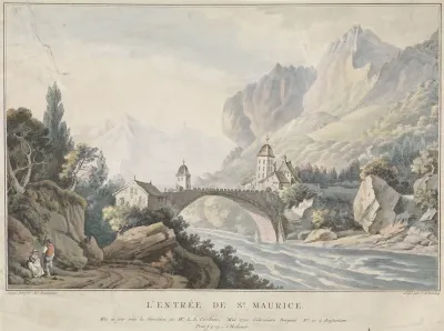 Gezicht op de brug bij Saint Maurice te Zwitserland