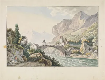 Gezicht op de brug bij Saint Maurice te Zwitserland