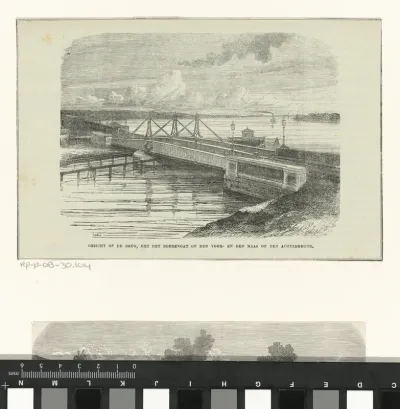 Gezicht op de brug, met het boerengat op den voor- en den Maas op den achtergrond
