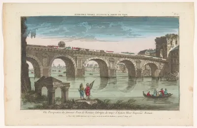 Gezicht op de Brug van Tiberius over de rivier de Marecchia te Rimini