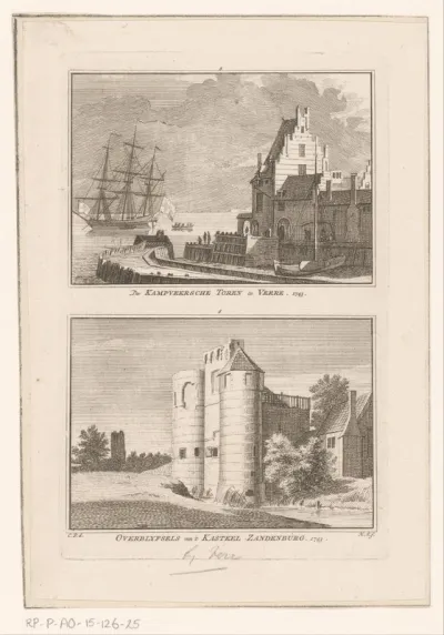 Gezicht op de Campveerse Toren en gezicht op de ruïne van Slot Zandenburg, 1743