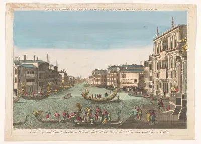 Gezicht op de Canal Grande met gondels, het Palazzo Balbori en de Ponte Rialto te Venetië