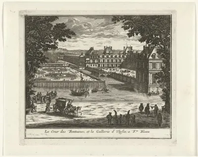 Gezicht op de Cour de la Fontaine en de galerie d'Ulysse van het paleis van Fontainebleau