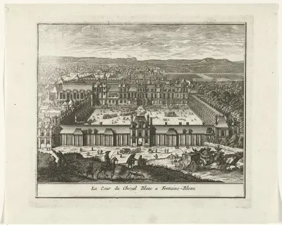 Gezicht op de Cour du Cheval Blanc van het paleis van Fontainebleau