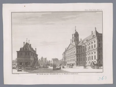 Gezicht op de Dam in Amsterdam met het stadhuis en de Waag