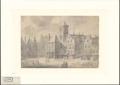 Gezicht op de Dam met het oude stadhuis, met links de ingang van de Kalverstraat