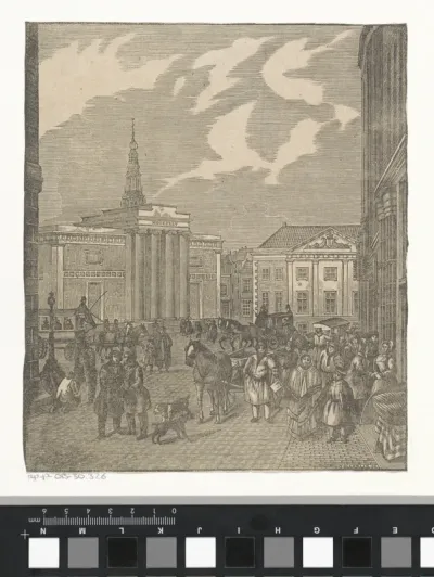 Gezicht op de Dam te Amsterdam met de Beurs van Zocher en het Commandantshuis