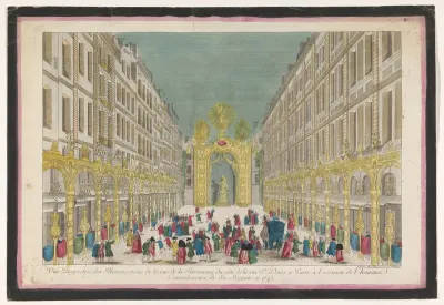 Gezicht op de decoratie van de Rue de la Feronnerie te Parijs ter gelegenheid van het herstel van Lodewijk XV, koning van Frankrijk, in 1745