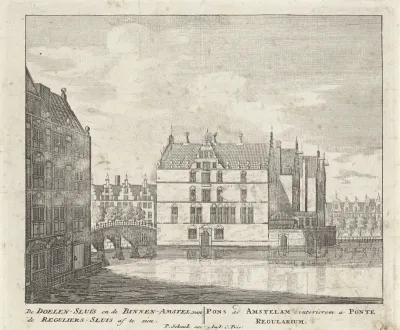 Gezicht op de Doelensluis en de Binnen-Amstel te Amsterdam