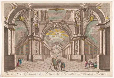 Gezicht op de drie galerieën van het Paleis van de Kunst en de Wetenschap te Rome
