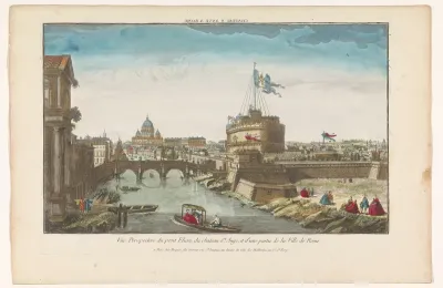 Gezicht op de Engelenburcht en de Engelenbrug over de rivier de Tiber te Rome