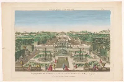 Gezicht op de fonteinen van een tuin van de koning van Spanje