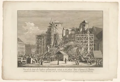 Gezicht op de Gendarmenmarkt in Berlijn met de op 28 juli 1781 ingestorte kerktoren