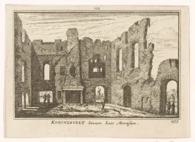 Gezicht op de geruïneerde grote zaal van het klooster Koningsveld, 1573