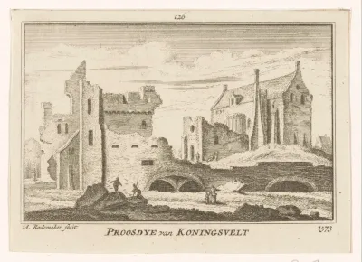 Gezicht op de geruïneerde proosdij van het klooster Koningsveld, 1573
