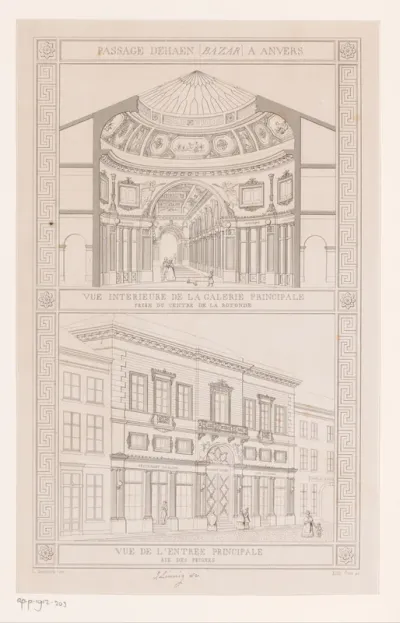Gezicht op de gevel en het interieur van een Antwerps winkelcentrum