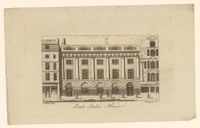 Gezicht op de gevel van het East India House te Londen